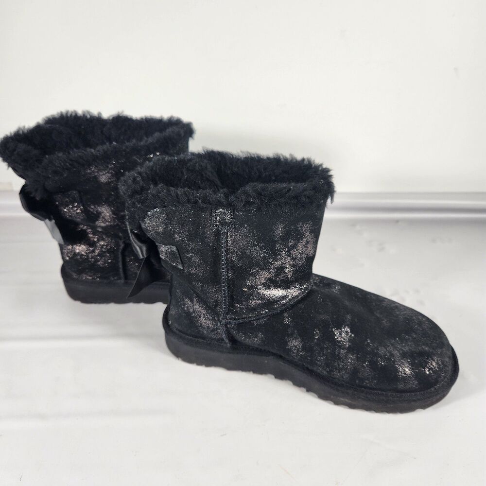 UGG Mini Bailey Bow Glimmer Faux Fur Lined Boot Black 1125795 Women Size 7